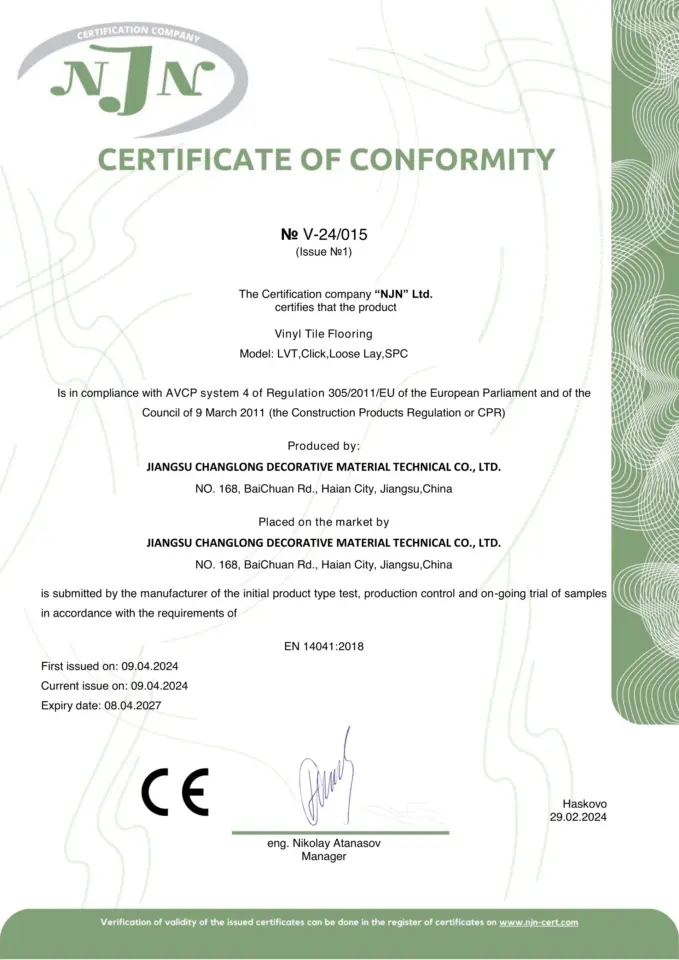 CE Vinyl Tile Flooring Certificate Thumbnail